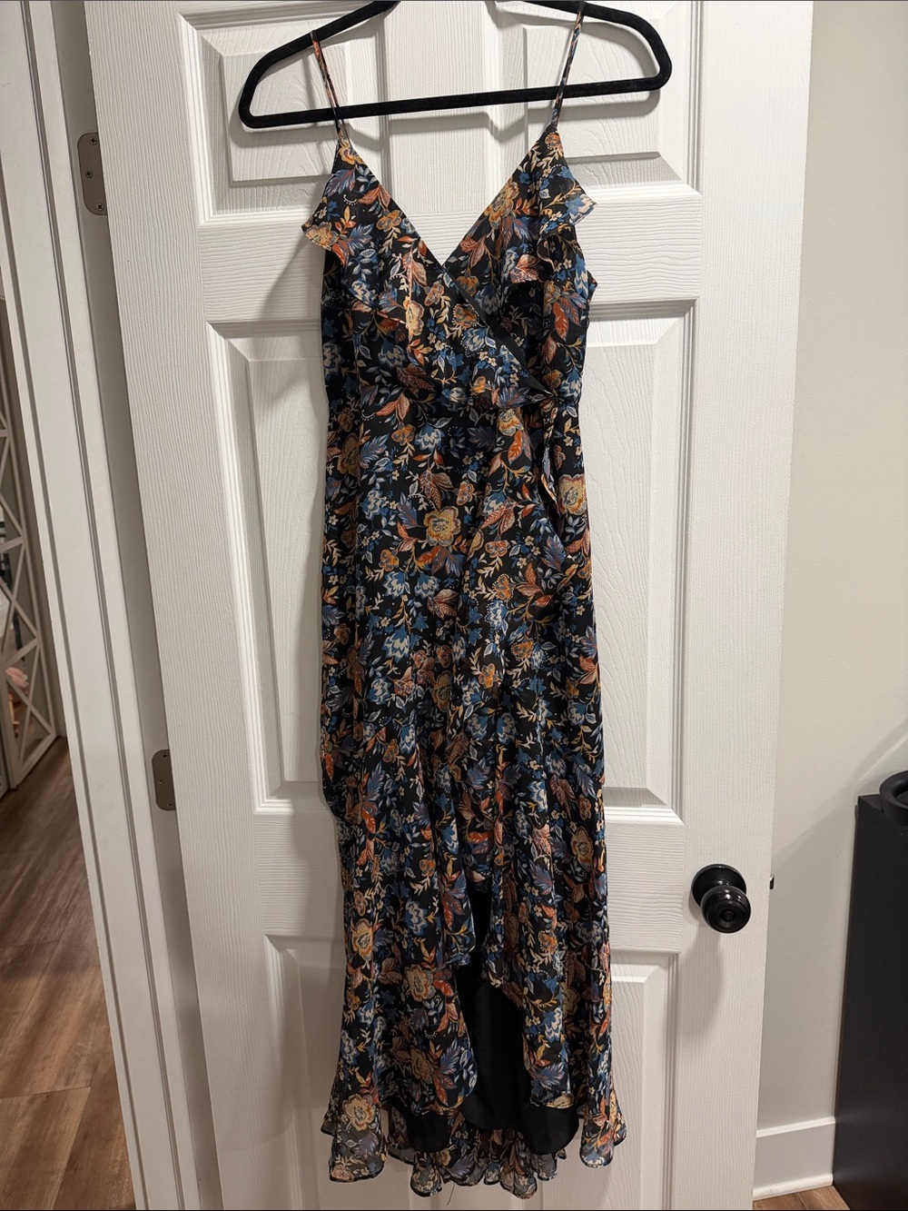 Express Navy Floral Ruffle Midi Dress with Rust and Cream Accents